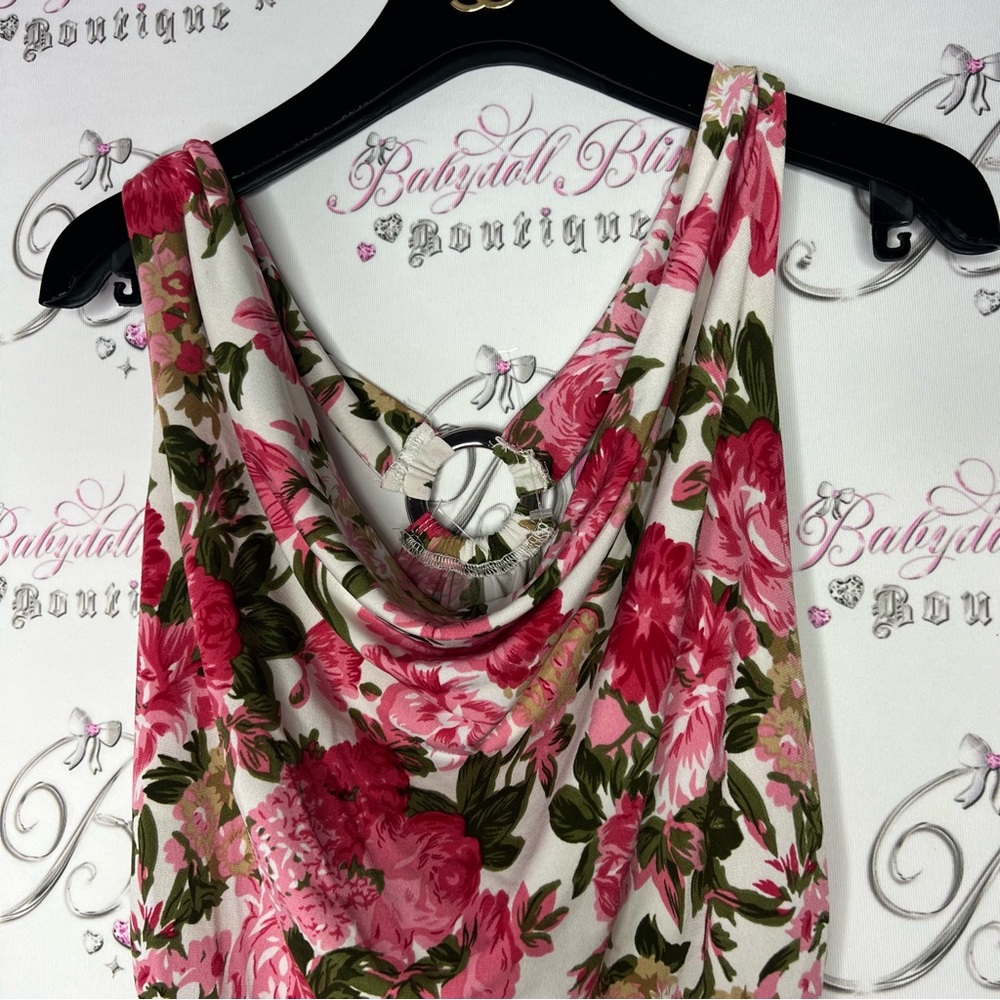Floral y2k tank top with metal O ring back detail pink white green flowers - Picture 10 of 10